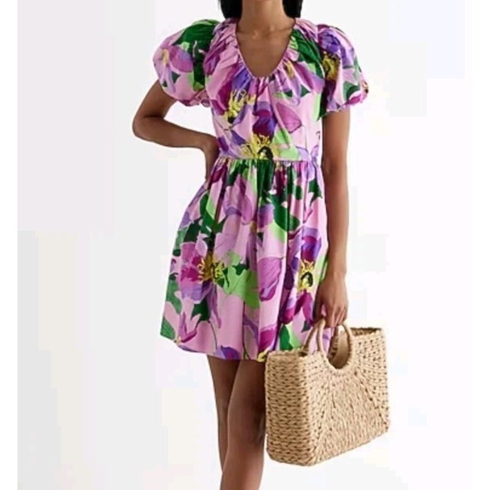 Express Dress Floral Puff Sleeve Poplin Mini Size XS Pink Cotton Wedding Guest‎